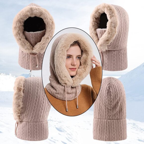 🆕 Women Cream Winter Balaclava Hat Ski Warm Thick Fluff Beanie Adult Neck Face - Picture 3 of 7